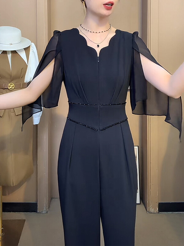 Ljeto 2024. Novi stilski kombinezon s remenom omotanim oko struka Ženski jednobojni kombinezon s V-izrezom kratkih rukava, širokih nogavica, dugih hlača, kombinezon T235