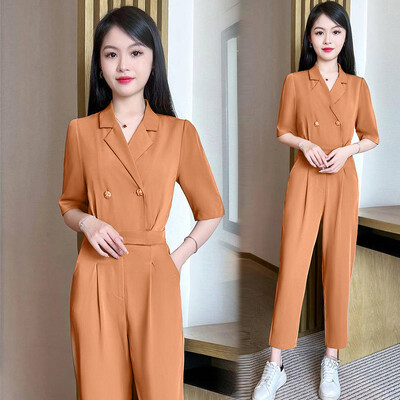 Дамски гащеризон от памук и лен с къс ръкав Гащеризон с V-образно деколте Ежедневни костюми по тялото Горнища Едно парче дамско облекло за лятото T241