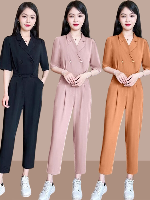 Дамски гащеризон от памук и лен с къс ръкав Гащеризон с V-образно деколте Ежедневни костюми по тялото Горнища Едно парче дамско облекло за лятото T241