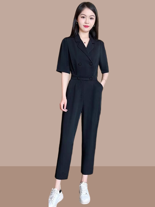 Дамски гащеризон от памук и лен с къс ръкав Гащеризон с V-образно деколте Ежедневни костюми по тялото Горнища Едно парче дамско облекло за лятото T241