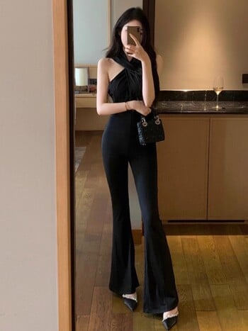 Kimotimo Jumpsuit Γυναικεία αμερικάνικη σέξι κουκούλα σταυρωτό ώμο Ανώπλατη μέση φαρδιά μακρύ παντελόνι Καλοκαιρινό αμάνικο ρούχο μόδας