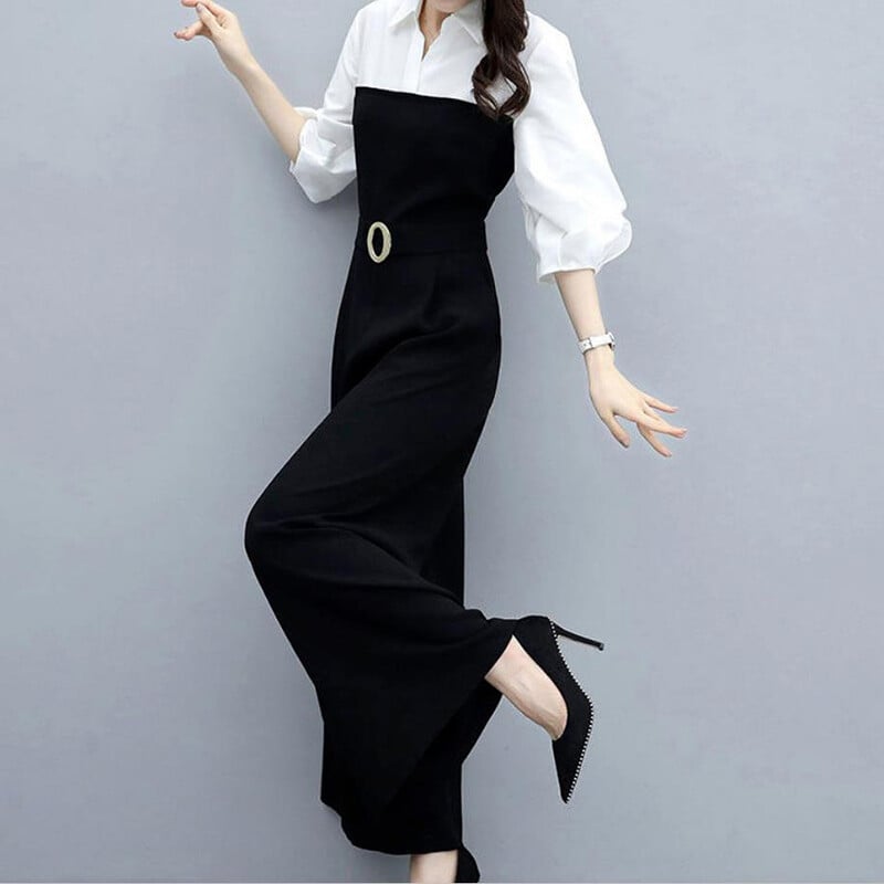 Elegantni uski kombinezoni sa širokim nogavicama visokog struka Ženski korejski modni lažni dvodijelni kompleti dugih rukava Jednodijelne hlače za uredske dame