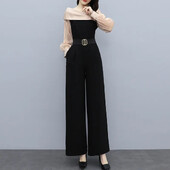 Korejske jesenske uredske patchwork hlače širokih nogavica Chic Dugi kombinezon Ženske široke elegantne hlače za ležerno radno vrijeme s remenom