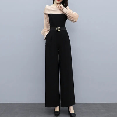 Korejske jesenske uredske patchwork hlače širokih nogavica Chic Dugi kombinezon Ženske široke elegantne hlače za ležerno radno vrijeme s remenom