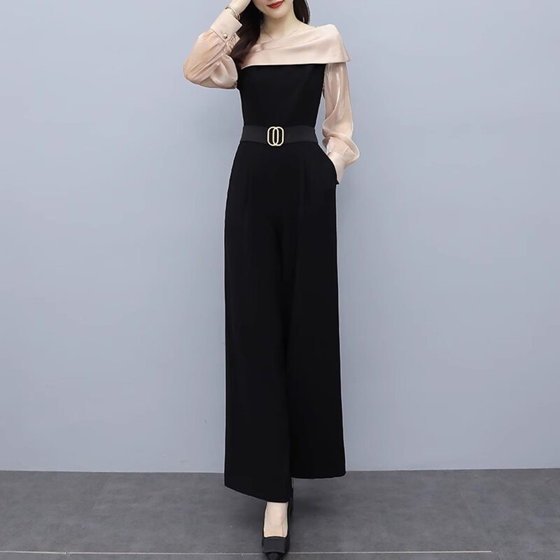 Korejske jesenske uredske patchwork hlače širokih nogavica Chic Dugi kombinezon Ženske široke elegantne hlače za ležerno radno vrijeme s remenom