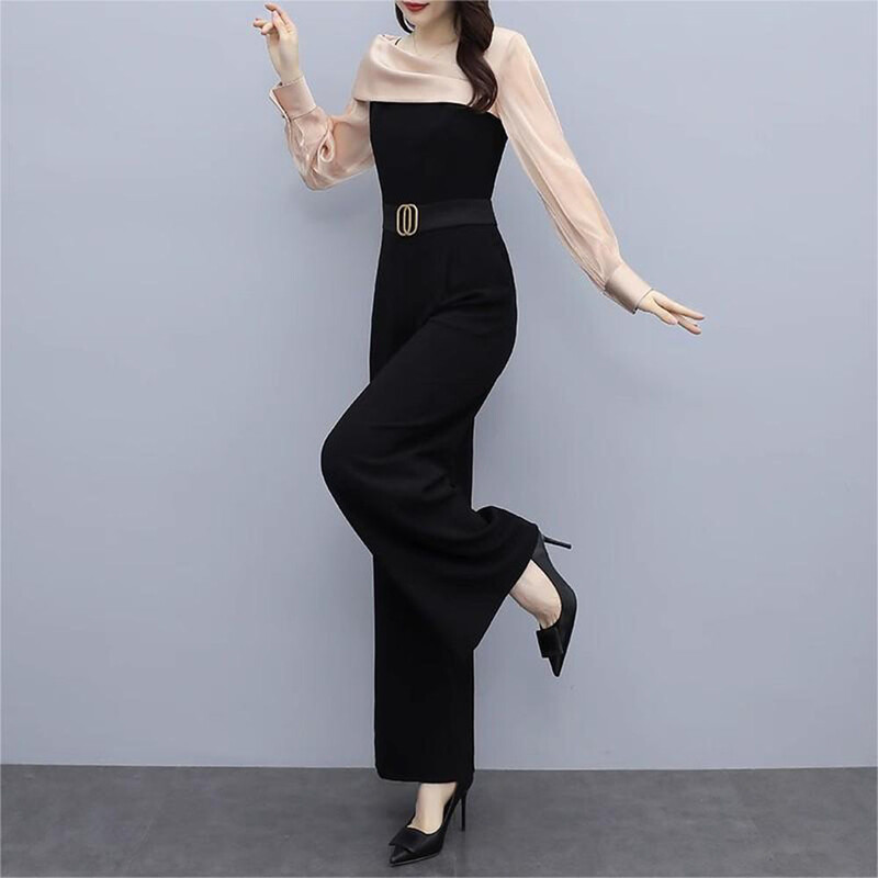 Korejske jesenske uredske patchwork hlače širokih nogavica Chic Dugi kombinezon Ženske široke elegantne hlače za ležerno radno vrijeme s remenom