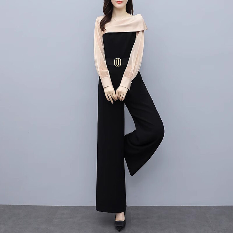 Korejske jesenske uredske patchwork hlače širokih nogavica Chic Dugi kombinezon Ženske široke elegantne hlače za ležerno radno vrijeme s remenom