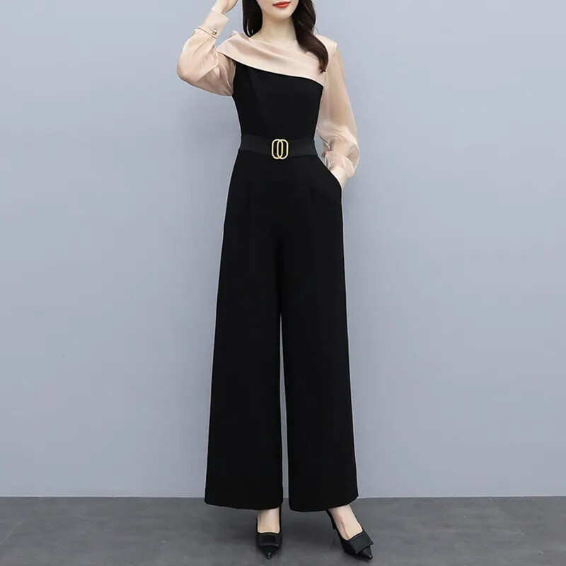 Korejske jesenske uredske patchwork hlače širokih nogavica Chic Dugi kombinezon Ženske široke elegantne hlače za ležerno radno vrijeme s remenom