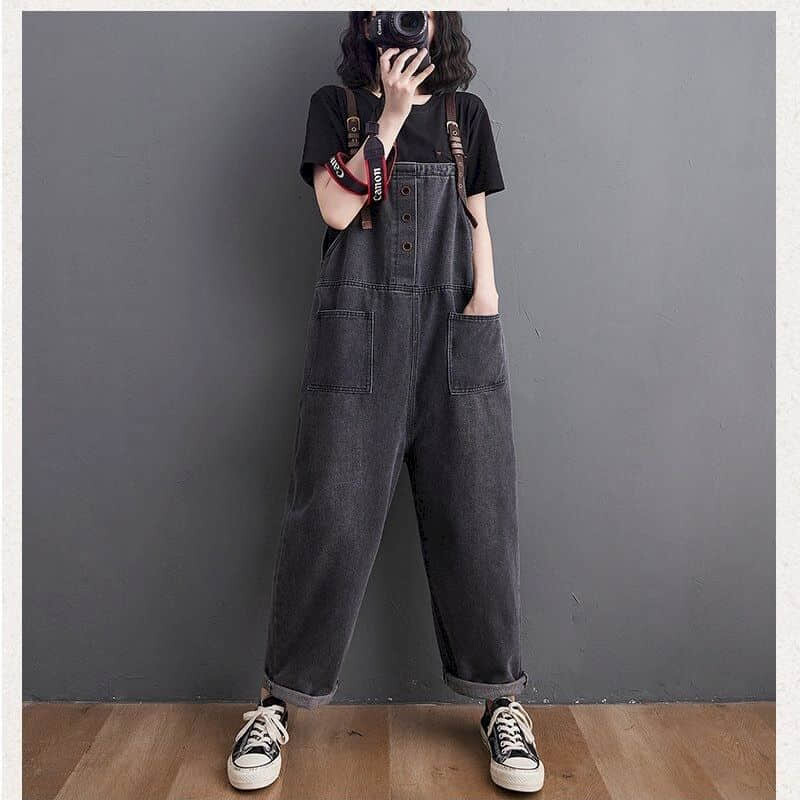 Crni traper kombinezoni za žene Jednobojni kombinezon za igru u korejskom stilu Široke hlače Široke hlače Preveliki kombinezoni za žene Odjeća