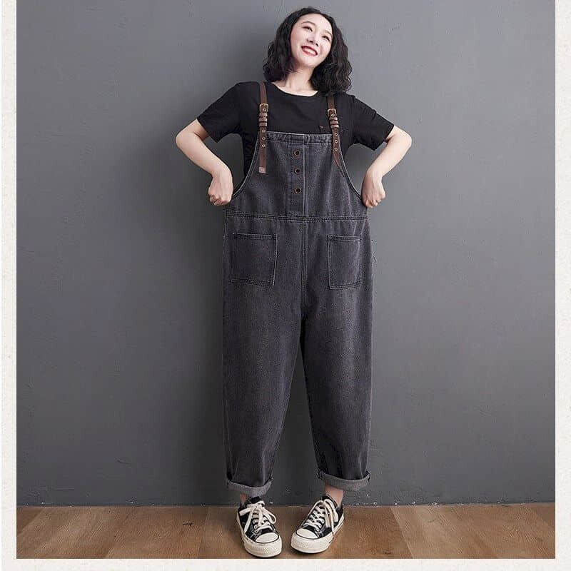 Crni traper kombinezoni za žene Jednobojni kombinezon za igru u korejskom stilu Široke hlače Široke hlače Preveliki kombinezoni za žene Odjeća