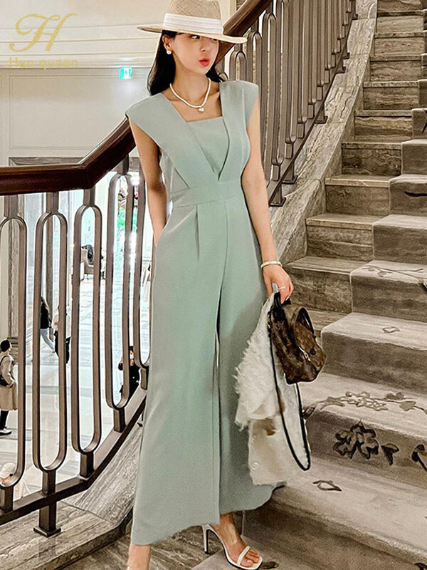 H Han Queen Ljetni elegantni poslovni kombinezoni Ženski jednostavni široki dugi kombinezoni za igru Korejske ležerne hlače bez rukava Uredske dame