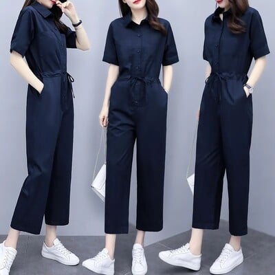 2024 Salopete de vară Nouă din mătase de gheață Salopetă coreeană cu talie înaltă, cu mâneci scurte, cu talie Costum casual la modă Salopetă Streetwear Lady