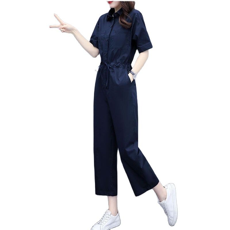 2024 Salopete de vară Nouă din mătase de gheață Salopetă coreeană cu talie înaltă, cu mâneci scurte, cu talie Costum casual la modă Salopetă Streetwear Lady