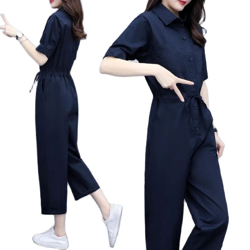 2024 Salopete de vară Nouă din mătase de gheață Salopetă coreeană cu talie înaltă, cu mâneci scurte, cu talie Costum casual la modă Salopetă Streetwear Lady