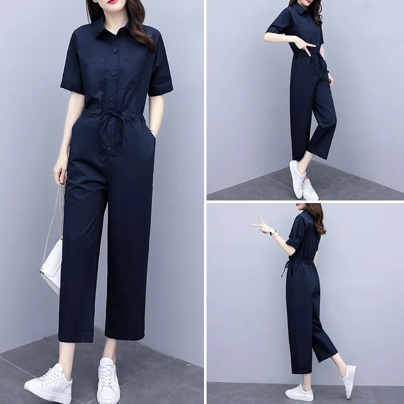 2024 Salopete de vară Nouă din mătase de gheață Salopetă coreeană cu talie înaltă, cu mâneci scurte, cu talie Costum casual la modă Salopetă Streetwear Lady