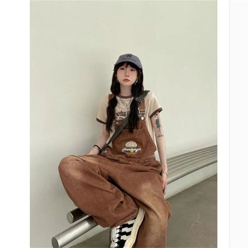 Korea tikitud teksarihmaga kombinesoonid naiste sügissuvised ülisuured lahtised ühes tükis püksid spagetid rihmaga teksad püksid