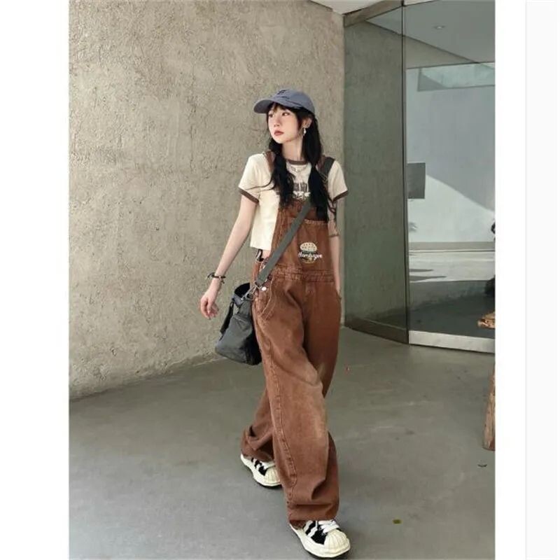 Korea tikitud teksarihmaga kombinesoonid naiste sügissuvised ülisuured lahtised ühes tükis püksid spagetid rihmaga teksad püksid