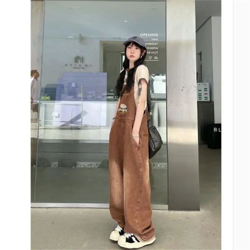 Korea tikitud teksarihmaga kombinesoonid naiste sügissuvised ülisuured lahtised ühes tükis püksid spagetid rihmaga teksad püksid