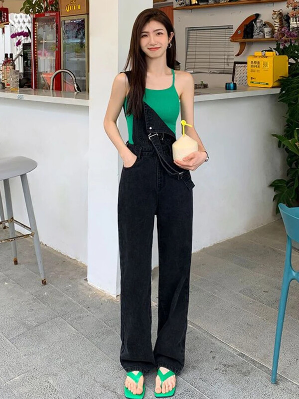 Kombinezoni širokih nogavica Ženski proljetni korejski stil Ulična odjeća Vintage moda Ulzzang Jednostavan šik Ležeran širok široki struk