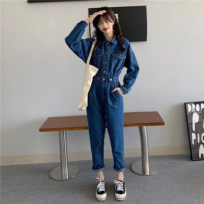 Stil streetwear femei denim salopete pantaloni 2024 primăvară toamnă cu mânecă lungă blugi bodycon barcelă salopete cu picioare late talie înaltă