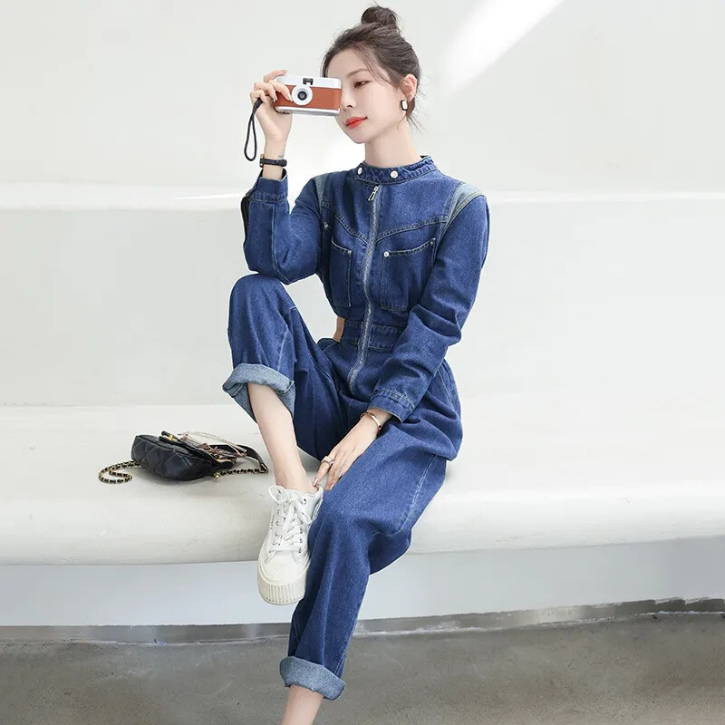 Proljeće i jesen 2023, novi ženski ležerni alati za mršavljenje slobodnog struka, traper kombinezon dugih rukava, kombinezon dugih hlača, jednobojni