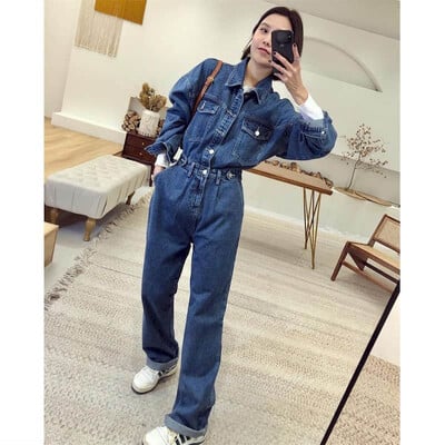 Salopete supradimensionate din denim pentru femei, solide, cu mâneci lungi, îmbrăcăminte de lucru largi, costum de joc, ocazional vintage, ținute dintr-o bucată, salopete pentru femei