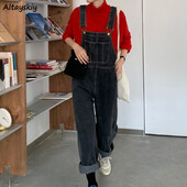 Γυναικείες φόρμες Vintage μαύρες ρετρό ζαρτιέρες Παντελόνι παντελόνι με φαρδύ πόδι τζιν φόρμες Κορεατικού στυλ Κομψή Νέα άφιξη Mujer