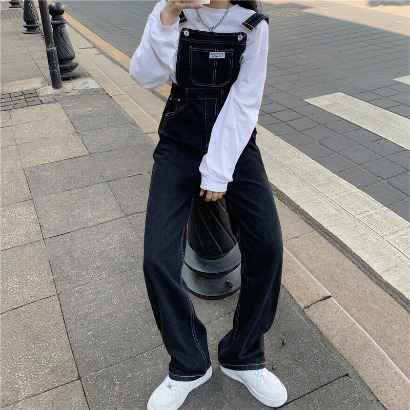 Traper kombinezoni za žene Ravne široke traperice s korejskim remenom Proljeće Jesen Djevojački kombinezon visokog struka Chic Streetwear Ženski