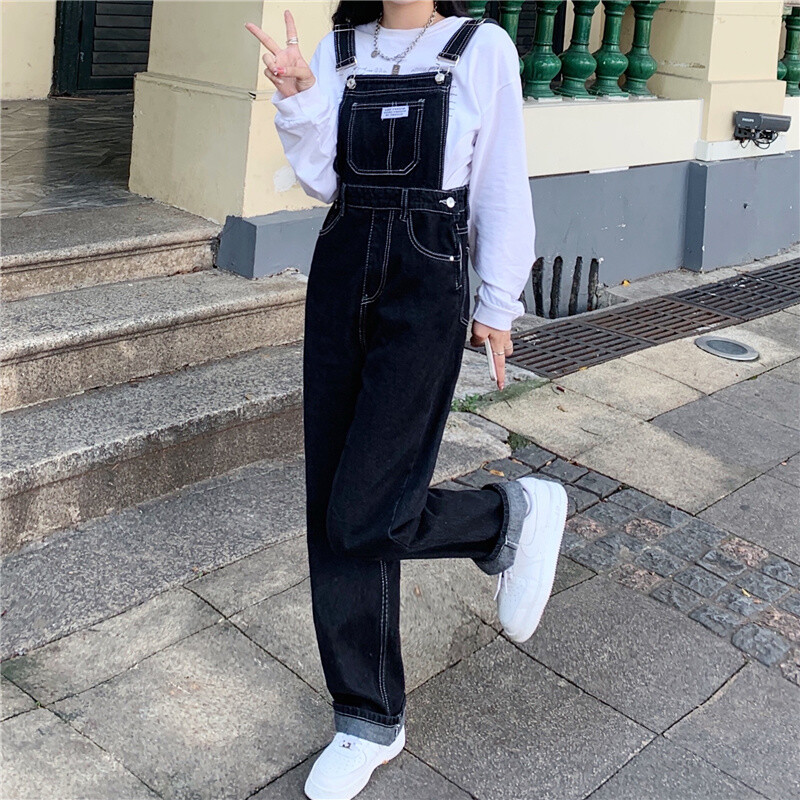 Traper kombinezoni za žene Ravne široke traperice s korejskim remenom Proljeće Jesen Djevojački kombinezon visokog struka Chic Streetwear Ženski