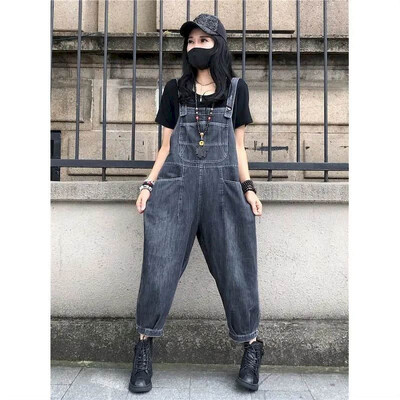 Salopete din denim pentru femei, largi, modă coreeană, pantaloni drepti, Harajuku, ținute dintr-o bucată, salopete pentru femei, costumuri casual vintage
