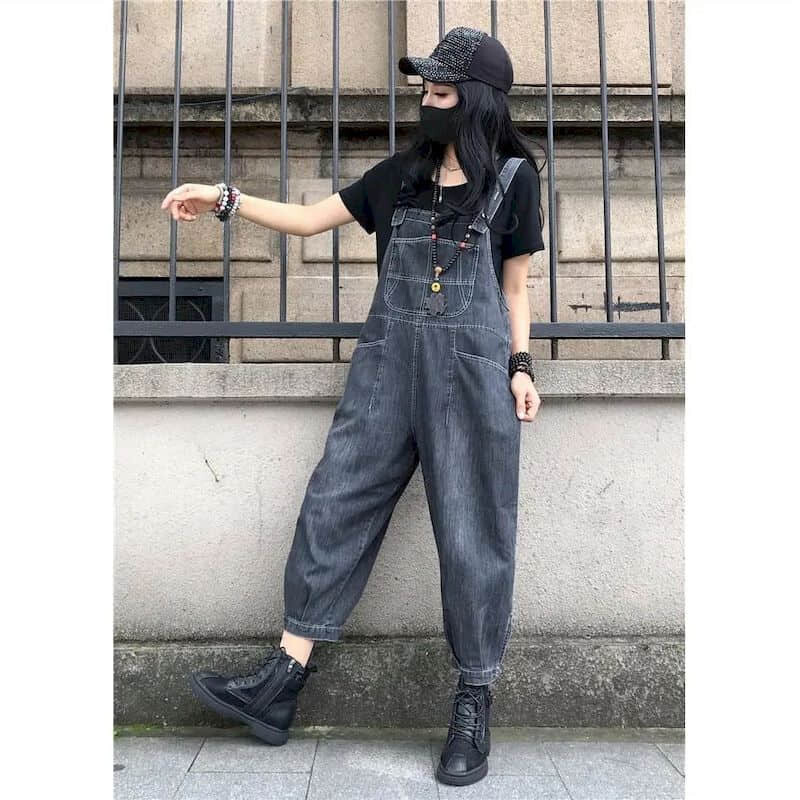 Salopete din denim pentru femei, largi, modă coreeană, pantaloni drepti, Harajuku, ținute dintr-o bucată, salopete pentru femei, costumuri casual vintage