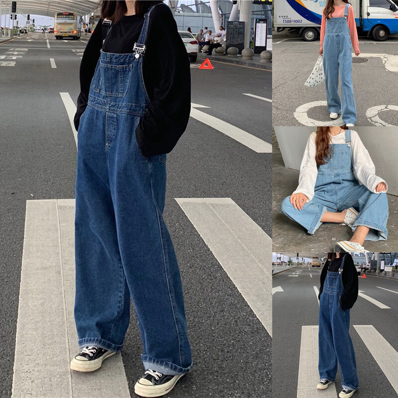 Ženski široki kombinezon visokog struka Denim kombinezon Modni kombinezon širokih nogavica Hlače s trakom za brisanje poda Ležerne ulične hlače Monos Largos