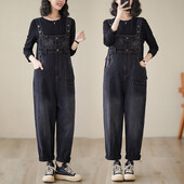 Vintage μαύρα τζιν φορμάκια Γυναικεία casual streerwear Φαρδύ πόδι φαρδύ παντελόνι Cargo Loose Dungarees λουριά Βαμβακερές τζιν φόρμες