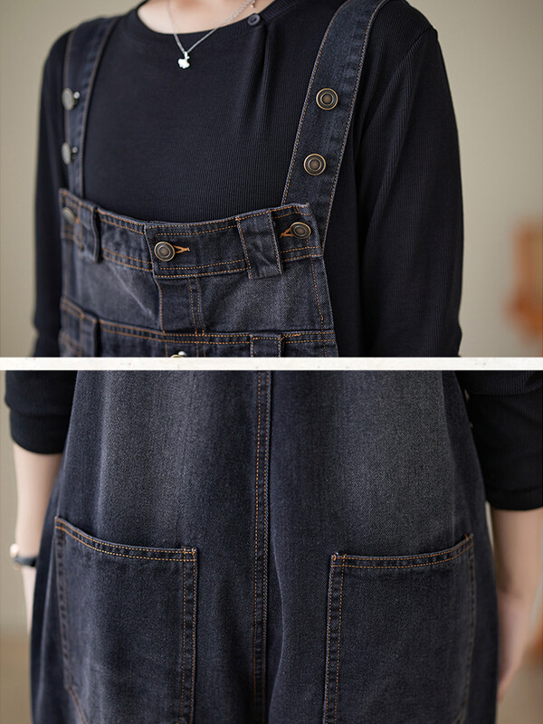 Vintage μαύρα τζιν φορμάκια Γυναικεία casual streerwear Φαρδύ πόδι φαρδύ παντελόνι Cargo Loose Dungarees λουριά Βαμβακερές τζιν φόρμες