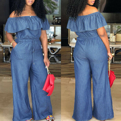 Plus Size 5xl Salopete elegante de birou pentru femei Salopete lungi din denim 2024 de vară ocazional de culoare solidă cu volane salopete cu umeri