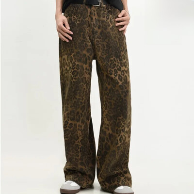 2023, blugi cu picior drept, cu imprimeu leopard american, vintage, pentru bărbați, femei, pantaloni de denim casual, la modă, pentru toamna/iarna