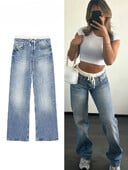 Moda pentru femei Patchwork Denim Broek Veters Rits Fly Jeans Broekzakken Dames Casual Taille medie Broek Met Rechte Pijpen