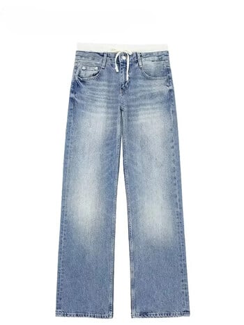 Дамска мода Patchwork Denim Broek Veters Rits Fly Jeans Broekzakken Dames Casual Mid Taille Broek Met Rechte Pijpen