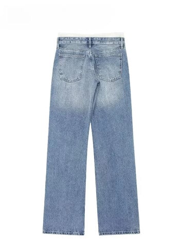 Дамска мода Patchwork Denim Broek Veters Rits Fly Jeans Broekzakken Dames Casual Mid Taille Broek Met Rechte Pijpen