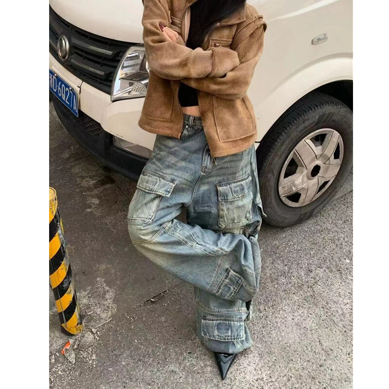Blugi de damă albaștri, îmbrăcăminte de stradă, modă vintage, cu talie înaltă, pantaloni largi, pantaloni de damă 2024, pantaloni largi hip hop din denim