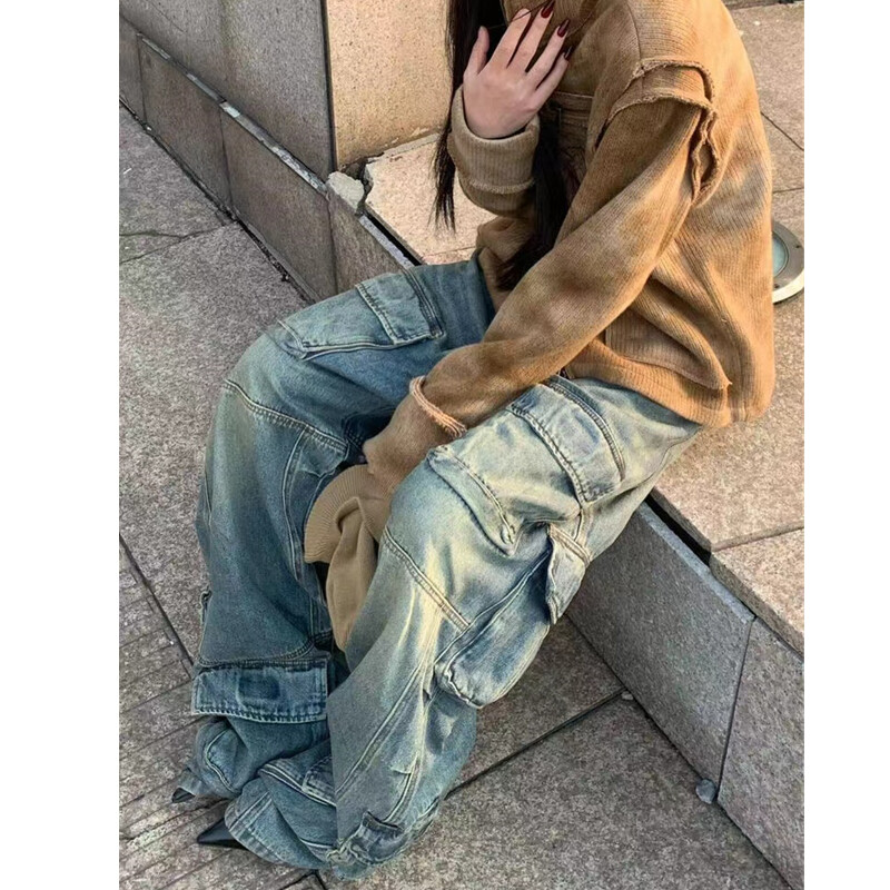 Blugi de damă albaștri, îmbrăcăminte de stradă, modă vintage, cu talie înaltă, pantaloni largi, pantaloni de damă 2024, pantaloni largi hip hop din denim