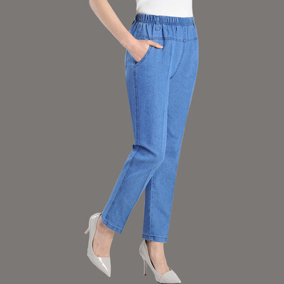 Sredovječne ženske traperice Proljeće Jesen Tanke široke traper hlače visokog struka Ležerne ženske hlače ravnih nogavica s elastičnim strukom 5XL