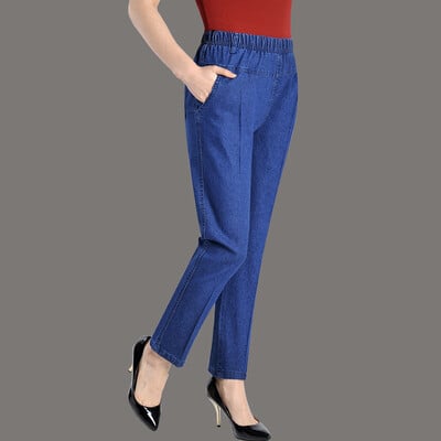 Sredovječne ženske traperice Proljeće Jesen Tanke široke traper hlače visokog struka Ležerne ženske hlače ravnih nogavica s elastičnim strukom 5XL