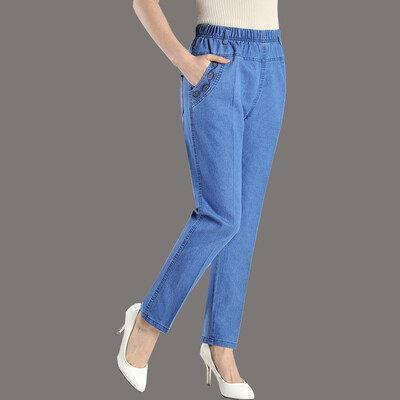 Sredovječne ženske traperice Proljeće Jesen Tanke široke traper hlače visokog struka Ležerne ženske hlače ravnih nogavica s elastičnim strukom 5XL