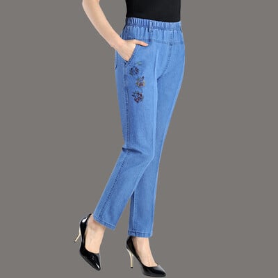 Sredovječne ženske traperice Proljeće Jesen Tanke široke traper hlače visokog struka Ležerne ženske hlače ravnih nogavica s elastičnim strukom 5XL