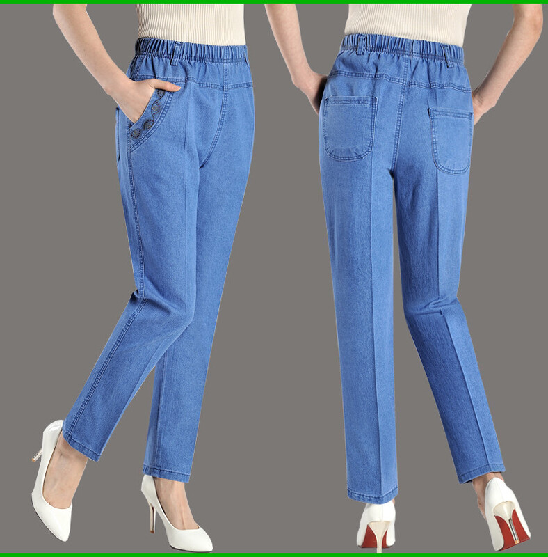 Sredovječne ženske traperice Proljeće Jesen Tanke široke traper hlače visokog struka Ležerne ženske hlače ravnih nogavica s elastičnim strukom 5XL