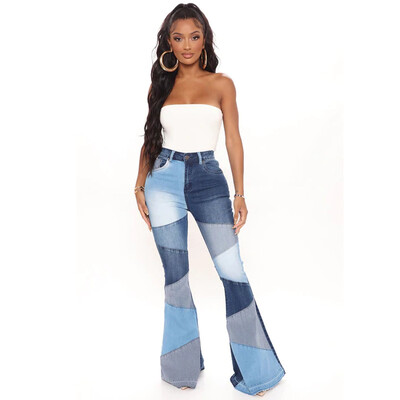 Noua la modă și sexy de marime mare din denim cu picior lat, la modă, patchwork, blugi de femei, pantaloni de îmbrăcăminte pentru femei