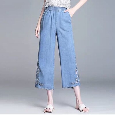 2023. aasta suvesügis, uus Micro Horn naiste säärepüksid, naiste teksapüksid, kärbitud püksid kõrge vöökohaga, õõnsad, moodsad sinised teksad