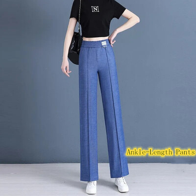 Suvised õhukesed teksad, naiste 2023, uued elastsed vöökohad, mugavad sirged teksapüksid, naiste jääsiid, laia säärega püksid, sinised mustad püksid