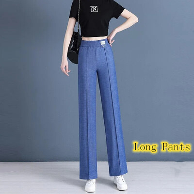 Suvised õhukesed teksad, naiste 2023, uued elastsed vöökohad, mugavad sirged teksapüksid, naiste jääsiid, laia säärega püksid, sinised mustad püksid